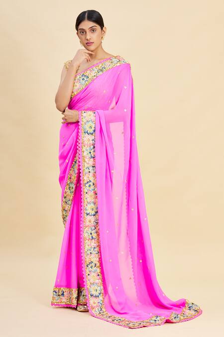 Shop_Pallavi Jaikishan_Pink Georgette Embroidered Saree_Online_at_Aza_Fashions