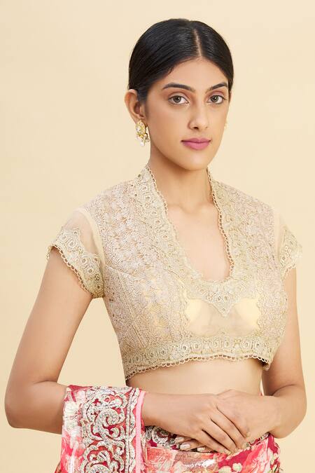 Pallavi Jaikishan_Beige Net Embroidered Blouse_Online_at_Aza_Fashions