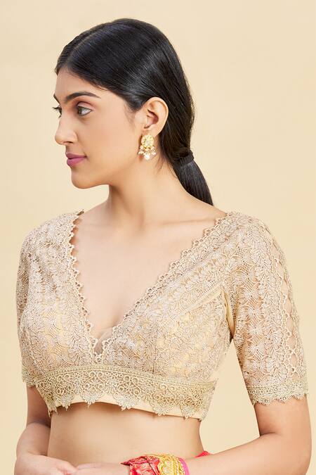 Buy_Pallavi Jaikishan_Beige Net Embroidered Blouse_Online_at_Aza_Fashions