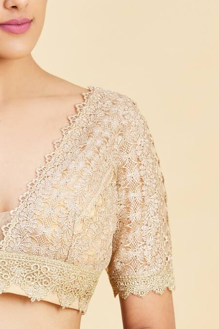 Shop_Pallavi Jaikishan_Beige Net Embroidered Blouse_Online_at_Aza_Fashions