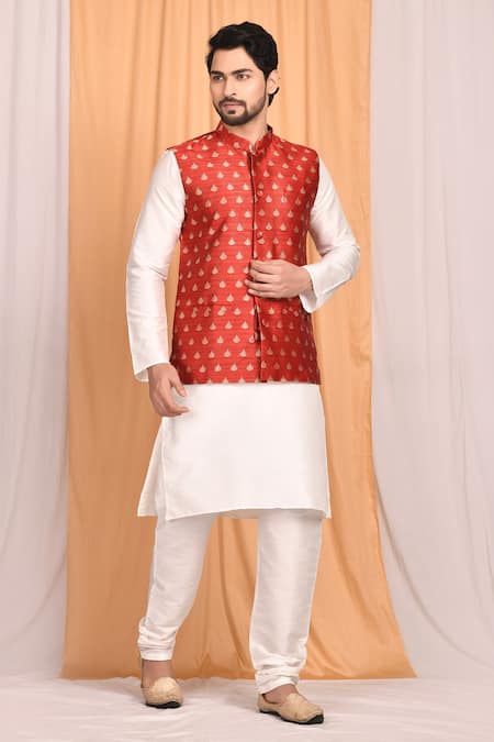 Aryavir Malhotra Red Jacquard Silk Woven Leaf Bundi And Kurta Set 