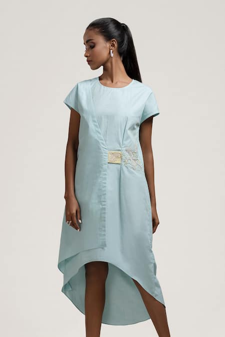 Jyoti Sachdev Iyer Blue Cotton Round Asymmetric Embroidered Dress 