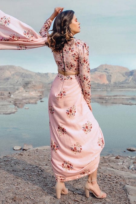 Shop_Pasha India_Pink Linen Floral Print Round Pre-draped Saree With Blouse _Online_at_Aza_Fashions