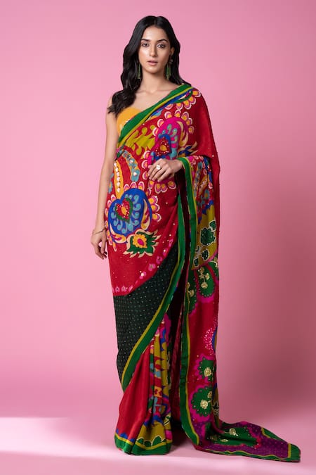 Siddhartha Bansal_Multi Color Pure Crepe Embroidered Paisley Printed Saree With Blouse  _Online_at_Aza_Fashions