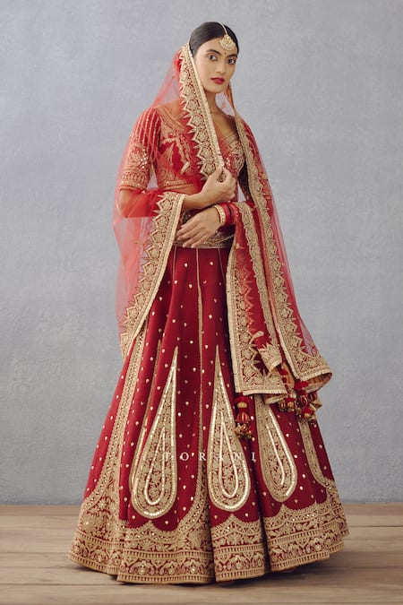 Buy_Torani_Red Dupatta Butterfly Net, Lehenga And Blouse Raw Sindoori Suhani Bridal Set _Online_at_Aza_Fashions