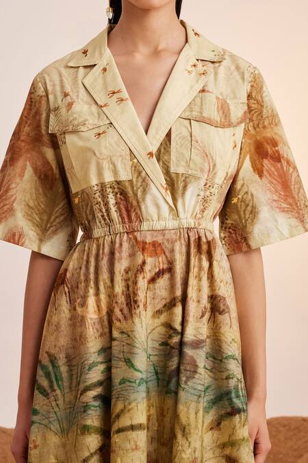 Cord_Beige Cotton Collared Wood Print Dress_Online_at_Aza_Fashions