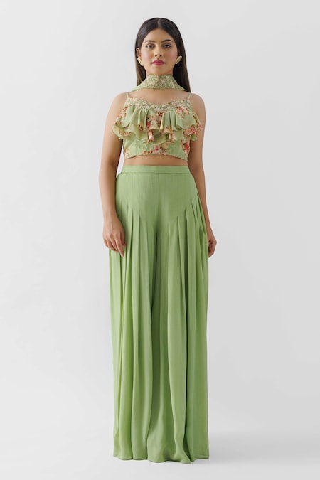 suruchi parakh Green Georgette Crepe Printed Floral Motif Pleated Pant With Ruffle Crop Top Set