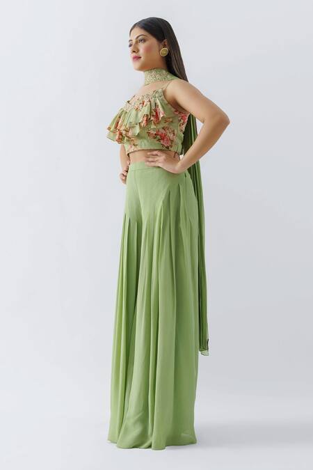 Suruchi Parakh Green Georgette Crepe, Lining Shantoon Pleated Pant With Ruffle Crop Top Set Online at Aza Fashions Suruchi Parakh_Green Georgette Crepe, Lining Shantoon Pleated Pant With Ruffle Crop Top Set _Online_at_Aza_Fashions