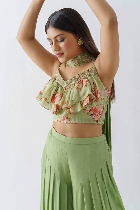Buy Suruchi Parakh Green Georgette Crepe, Lining Shantoon Pleated Pant With Ruffle Crop Top Set Online at Aza Fashions Buy_Suruchi Parakh_Green Georgette Crepe, Lining Shantoon Pleated Pant With Ruffle Crop Top Set _Online_at_Aza_Fashions