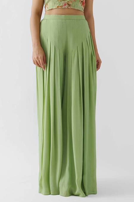 Shop Suruchi Parakh Green Georgette Crepe, Lining Shantoon Pleated Pant With Ruffle Crop Top Set Online at Aza Fashions Shop_Suruchi Parakh_Green Georgette Crepe, Lining Shantoon Pleated Pant With Ruffle Crop Top Set _Online_at_Aza_Fashions