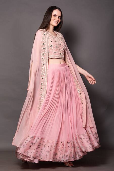 Vara By Vibha N Priti Pink Chiffon, Georgette Embroidery Round Pleated Lehenga Placement Floral Cape Online at Aza Fashions Vara By Vibha N Priti_Pink Chiffon, Georgette Embroidery Round Pleated Lehenga Placement Floral Cape _Online_at_Aza_Fashions
