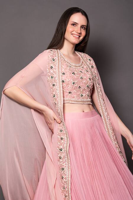 Buy Vara By Vibha N Priti Pink Chiffon, Georgette Embroidery Round Pleated Lehenga Placement Floral Cape Online at Aza Fashions Buy_Vara By Vibha N Priti_Pink Chiffon, Georgette Embroidery Round Pleated Lehenga Placement Floral Cape _Online_at_Aza_Fashions