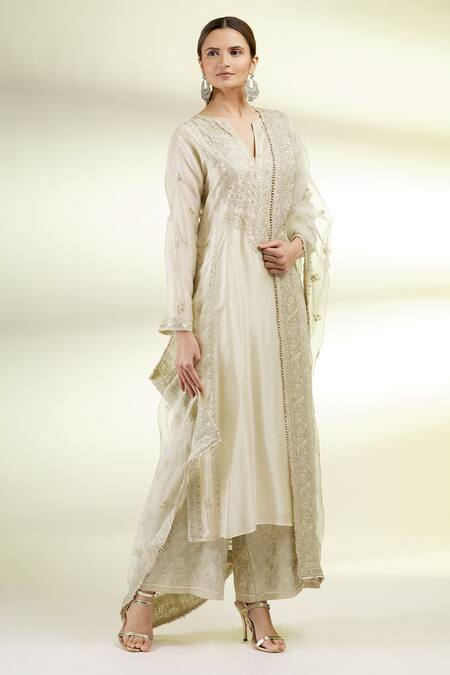 Gopi Vaid_Beige Dupatta Organza, Kurta And Pant Tussar Silk Thread Embroidered Set _Online_at_Aza_Fashions