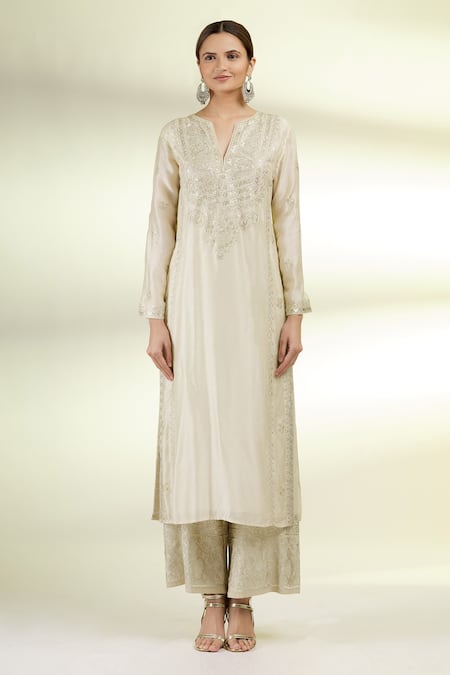 Buy_Gopi Vaid_Beige Dupatta Organza, Kurta And Pant Tussar Silk Thread Embroidered Set _Online_at_Aza_Fashions