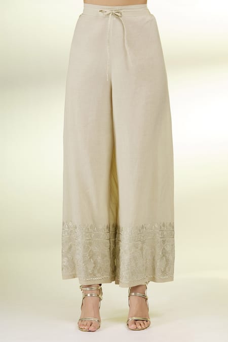 Shop_Gopi Vaid_Beige Dupatta Organza, Kurta And Pant Tussar Silk Thread Embroidered Set _Online_at_Aza_Fashions