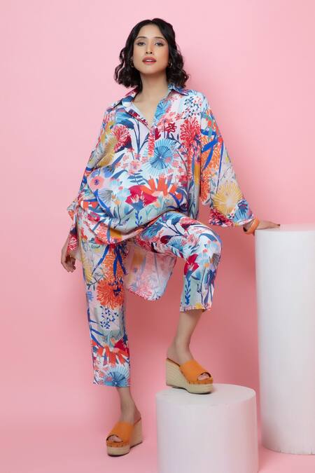 Rhe-Ana Blue Rayon Embroidery Collared Blooming Flower Print Shirt And Pant Co-ord Set Online at Aza Fashions Rhe-Ana_Blue Rayon Embroidery Collared Blooming Flower Print Shirt And Pant Co-ord Set _Online_at_Aza_Fashions