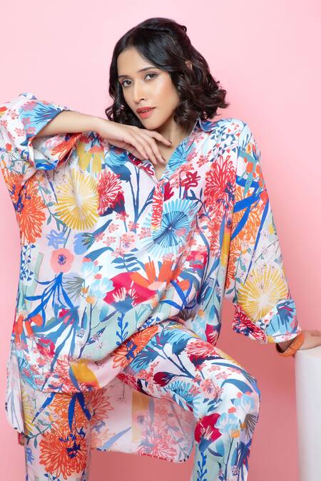 Buy Rhe-Ana Blue Rayon Embroidery Collared Blooming Flower Print Shirt And Pant Co-ord Set Online at Aza Fashions Buy_Rhe-Ana_Blue Rayon Embroidery Collared Blooming Flower Print Shirt And Pant Co-ord Set _Online_at_Aza_Fashions