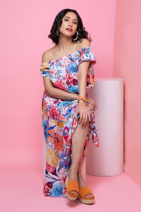 Buy_Rhe-Ana_Blue Rayon Off-shoulder Blooming Flower Print Top And Skirt Co-ord Set _Online_at_Aza_Fashions