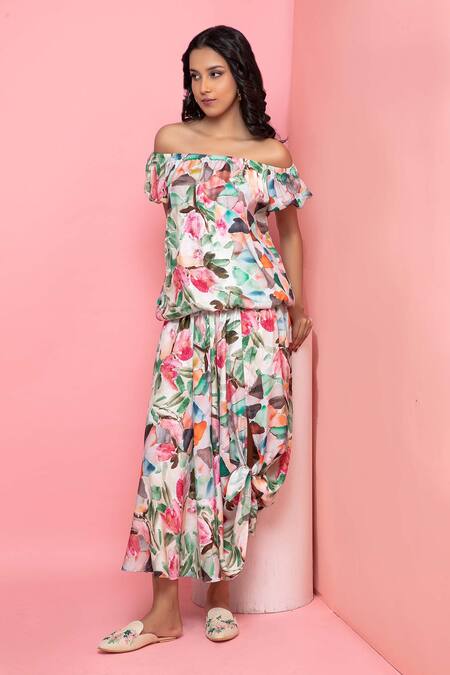Buy Rhe-Ana Green Rayon Off-shoulder Pastel Floral Print Top And Skirt Co-ord Set Online at Aza Fashions Buy_Rhe-Ana_Green Rayon Off-shoulder Pastel Floral Print Top And Skirt Co-ord Set _Online_at_Aza_Fashions