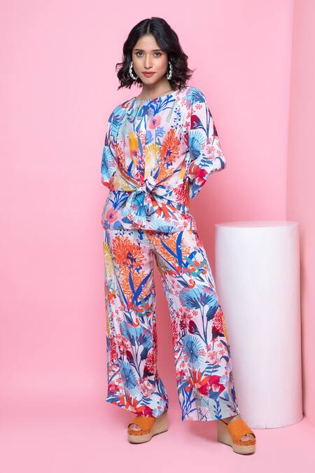 Buy_Rhe-Ana_Blue Rayon Embroidery Round Blooming Flower Print Knotted Top And Pant Co-ord Set _Online_at_Aza_Fashions