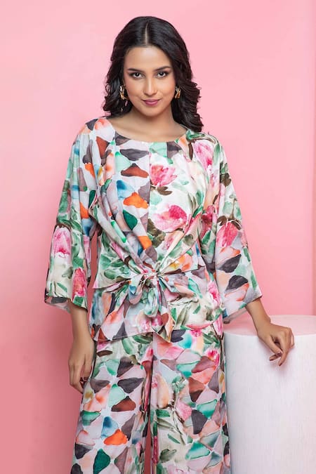 Rhe-Ana_Green Rayon Round Neck Pastel Floral Knotted Top And Pant Set _at_Aza_Fashions