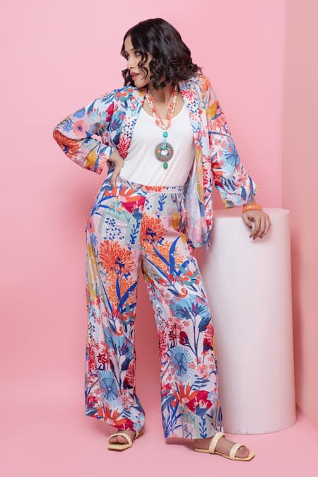 Rhe-Ana_Blue Rayon Embroidery Floral Printed Blazer Shirt And Pant Set _Online_at_Aza_Fashions