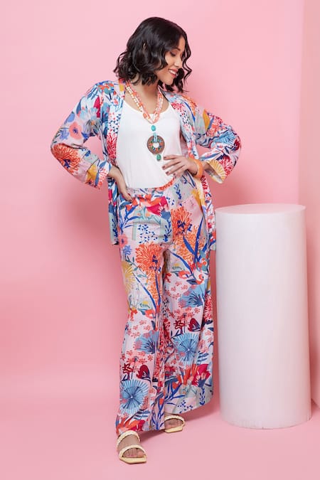 Buy_Rhe-Ana_Blue Rayon Embroidery Floral Printed Blazer Shirt And Pant Set _Online_at_Aza_Fashions