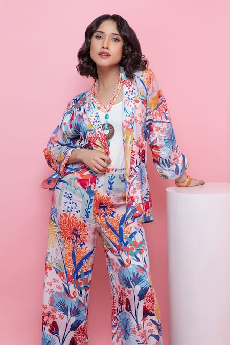 Shop_Rhe-Ana_Blue Rayon Embroidery Floral Printed Blazer Shirt And Pant Set _Online_at_Aza_Fashions