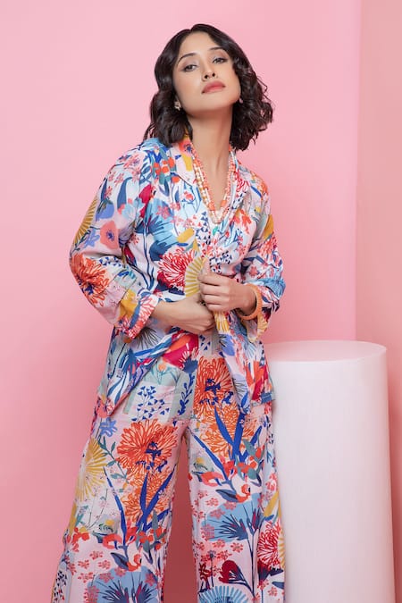 Rhe-Ana_Blue Rayon Embroidery Floral Printed Blazer Shirt And Pant Set _at_Aza_Fashions