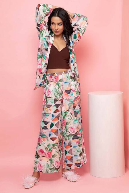 Rhe-Ana_Green Rayon Embroidery Shawl Pastel Floral Print Blazer Shirt And Pant Co-ord Set _Online_at_Aza_Fashions