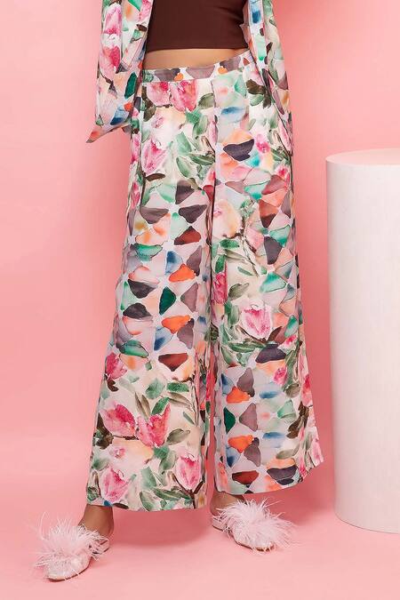 Buy_Rhe-Ana_Green Rayon Embroidery Shawl Pastel Floral Print Blazer Shirt And Pant Co-ord Set _Online_at_Aza_Fashions