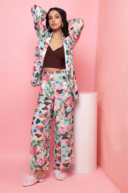 Shop_Rhe-Ana_Green Rayon Embroidery Shawl Pastel Floral Print Blazer Shirt And Pant Co-ord Set _Online_at_Aza_Fashions