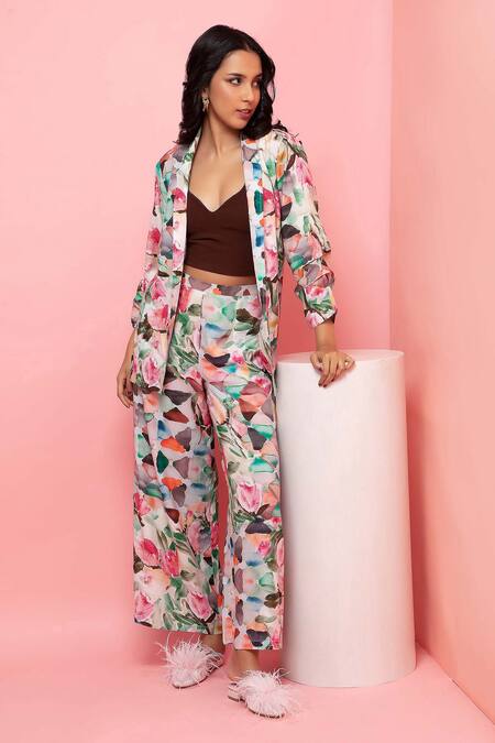 Rhe-Ana_Green Rayon Embroidery Shawl Pastel Floral Print Blazer Shirt And Pant Co-ord Set _at_Aza_Fashions