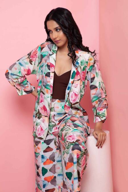 Buy_Rhe-Ana_Green Rayon Embroidery Shawl Pastel Floral Print Blazer Shirt And Pant Co-ord Set 