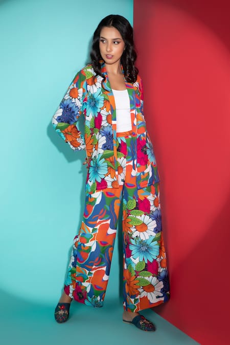Shop Rhe-Ana Blue Rayon Abstract Floral Blazer Shirt And Pant Set Online at Aza Fashions Shop_Rhe-Ana_Blue Rayon Abstract Floral Blazer Shirt And Pant Set _Online_at_Aza_Fashions