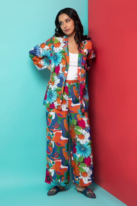Buy Rhe-Ana Blue Rayon Abstract Floral Blazer Shirt And Pant Set Buy_Rhe-Ana_Blue Rayon Abstract Floral Blazer Shirt And Pant Set