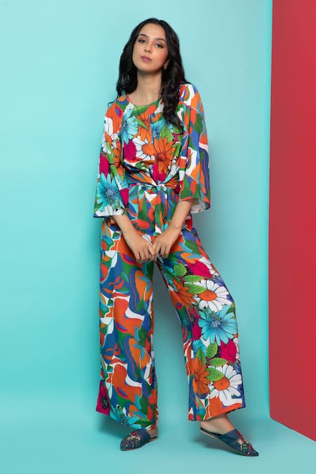 Buy Rhe-Ana Orange Rayon Round Neck Abstract Floral Print Knotted Top And Pant Set Online at Aza Fashions Buy_Rhe-Ana_Orange Rayon Round Neck Abstract Floral Print Knotted Top And Pant Set _Online_at_Aza_Fashions