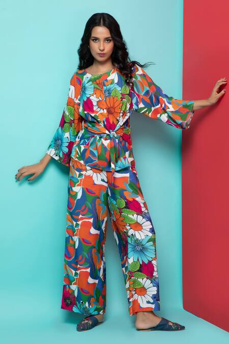 Shop Rhe-Ana Orange Rayon Round Neck Abstract Floral Print Knotted Top And Pant Set Online at Aza Fashions Shop_Rhe-Ana_Orange Rayon Round Neck Abstract Floral Print Knotted Top And Pant Set _Online_at_Aza_Fashions