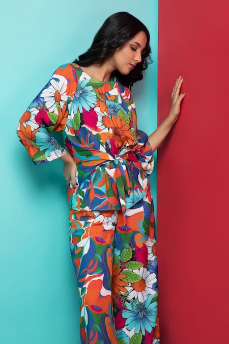 Rhe-Ana Orange Rayon Round Neck Abstract Floral Print Knotted Top And Pant Set at Aza Fashions Rhe-Ana_Orange Rayon Round Neck Abstract Floral Print Knotted Top And Pant Set _at_Aza_Fashions