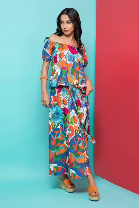Rhe-Ana Orange Rayon Off-shoulder Abstract Floral Print Top And Skirt Co-ord Set Online at Aza Fashions Rhe-Ana_Orange Rayon Off-shoulder Abstract Floral Print Top And Skirt Co-ord Set _Online_at_Aza_Fashions