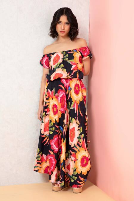 Rhe-Ana_Black Rayon Embroidery Off-shoulder Vibrant Floral Print Top And Skirt Co-ord Set _Online_at_Aza_Fashions