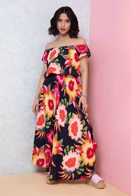 Buy_Rhe-Ana_Black Rayon Embroidery Off-shoulder Vibrant Floral Print Top And Skirt Co-ord Set _Online_at_Aza_Fashions