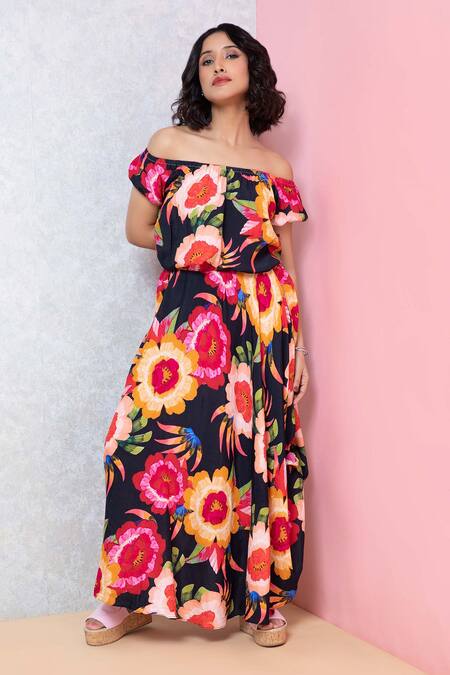 Shop_Rhe-Ana_Black Rayon Embroidery Off-shoulder Vibrant Floral Print Top And Skirt Co-ord Set _Online_at_Aza_Fashions