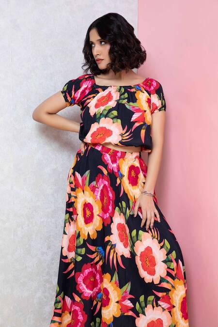 Rhe-Ana_Black Rayon Embroidery Off-shoulder Vibrant Floral Print Top And Skirt Co-ord Set _at_Aza_Fashions