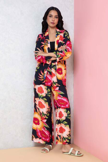 Rhe-Ana_Black Rayon Vibrant Floral Print Blazer Shirt And Pant Co-ord Set _Online_at_Aza_Fashions
