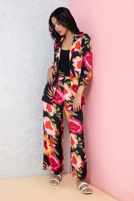 Buy_Rhe-Ana_Black Rayon Vibrant Floral Print Blazer Shirt And Pant Co-ord Set _Online_at_Aza_Fashions