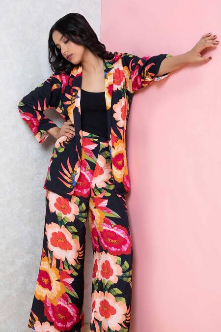 Shop_Rhe-Ana_Black Rayon Vibrant Floral Print Blazer Shirt And Pant Co-ord Set _Online_at_Aza_Fashions