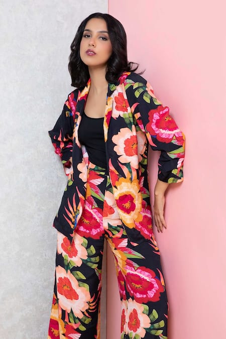 Rhe-Ana_Black Rayon Vibrant Floral Print Blazer Shirt And Pant Co-ord Set _at_Aza_Fashions