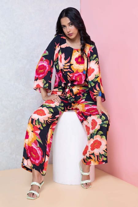 Rhe-Ana_Black Rayon Round Neck Vibrant Floral Print Knotted Top And Pant Set _Online_at_Aza_Fashions