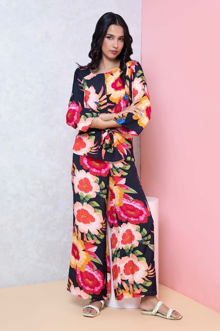 Buy_Rhe-Ana_Black Rayon Round Neck Vibrant Floral Print Knotted Top And Pant Set _Online_at_Aza_Fashions